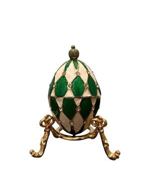 Fabergé Style Green Enamel Vintage Egg Trinket Box Gold Vanity Decor